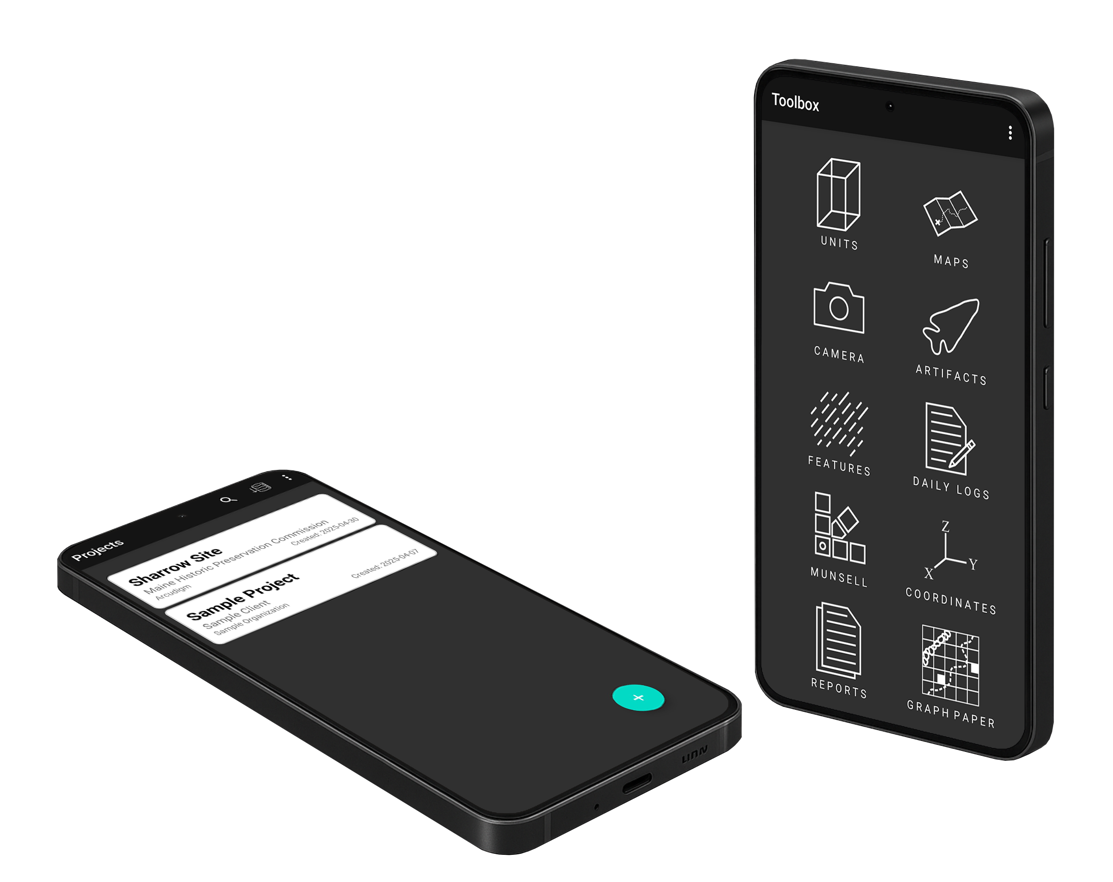 ARC Field Agent running on two mobile devices with project and toolbox screens